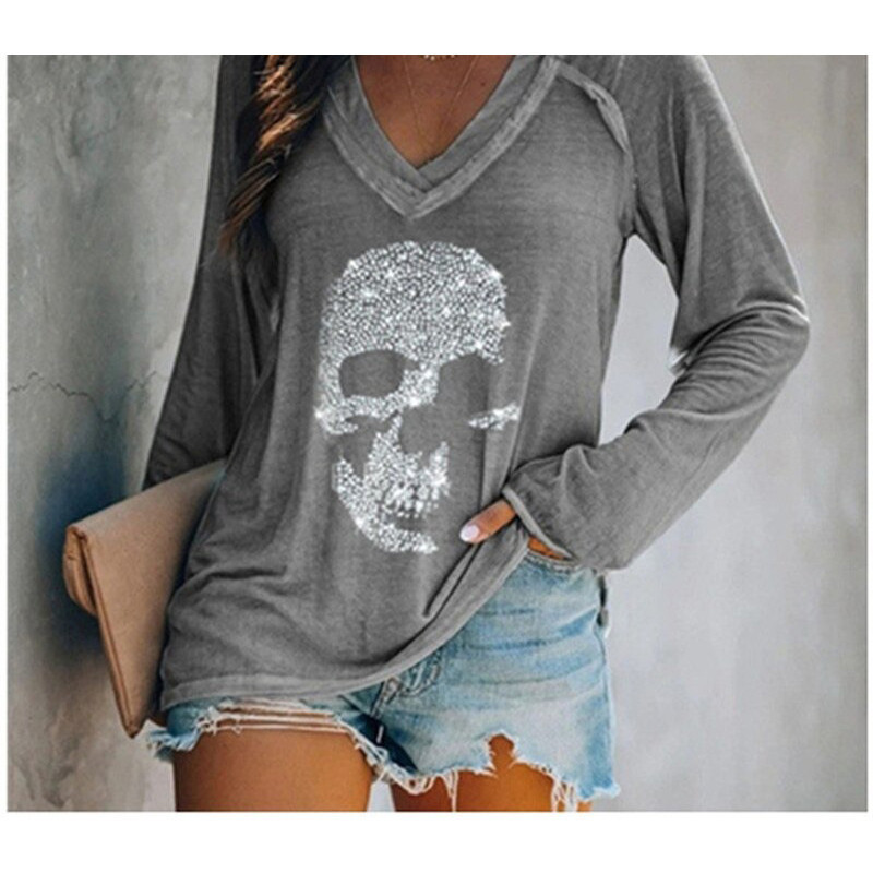 T-shirt Tête de mort à manches longues pour femmes - Crâne en strass !