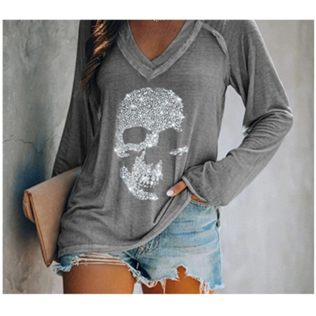 T-shirt Tête de mort à manches longues pour femmes - Crâne en strass !
