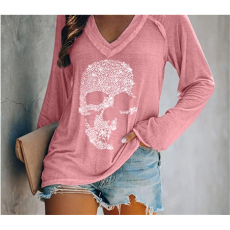 T-shirt Tête de mort à manches longues pour femmes - Crâne en strass !
