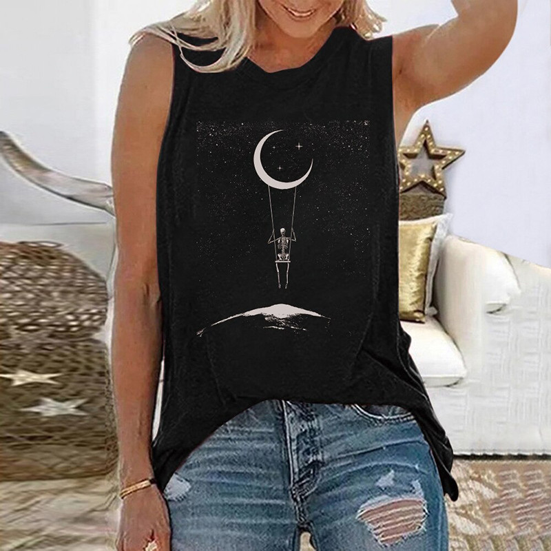 T-shirt Tête de mort squelette balancoire lune pour femmes !