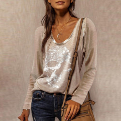 Magnifique T-shirt Tête à tête de mort strass à manches longues pour femme beige