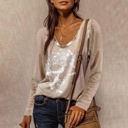 T-shirt tête de mort effet strass et à manches longues pour femme