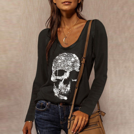 T-shirt tête de mort effet strass et à manches longues pour femme