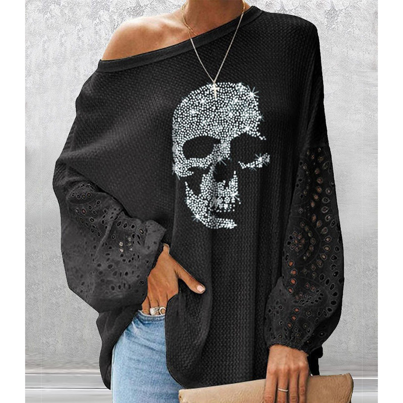 T-shirt Tête à tête de mort à paillettes à manches longues lanterne pour femme 