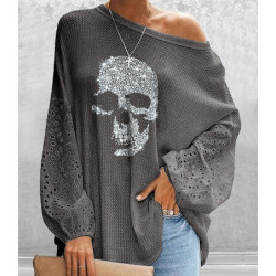 T-shirt Tête de mort à manches longues lanterne pour femme