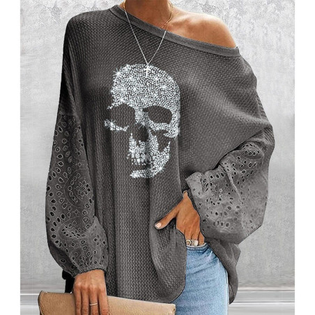 T-shirt Tête de mort à manches longues lanterne pour femme