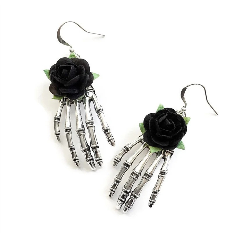 Boucles d'oreilles main squelette et rose - couleur noir