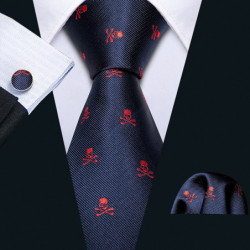 Lot cravate tête de mort et boutons de mancehtte pour homme motif crâne et os croisé marron vue cravate model 1