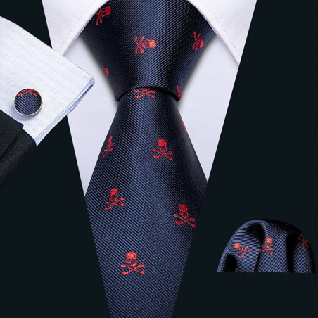 Lot cravate tête de mort et boutons de mancehtte pour homme motif crâne et os croisé marron vue cravate model 1