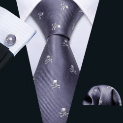 Lot cravate tête de mort et boutons de mancehtte pour homme motif crâne et os croisé marron vue cravate model 2