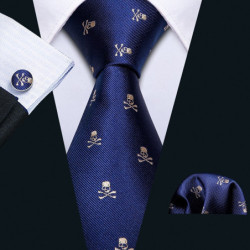 Lot cravate tête de mort et boutons de mancehtte pour homme motif crâne et os croisé marron vue cravate model 3