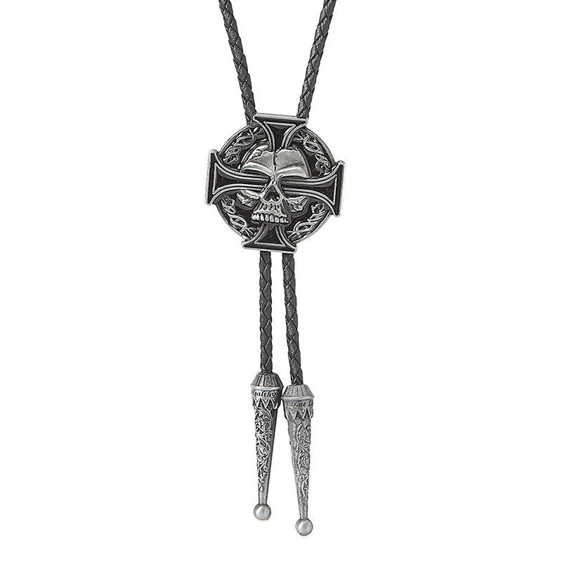 Cravate Bolo croix tête de mort - modèle couleur argent