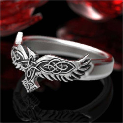 Bague corbeau amulette nordique en metal vue face