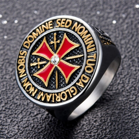 Bague Templier croix rouge diament strass acier inoxydable 316 L agent vue cote