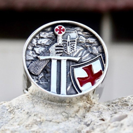 Bague Templier avec croix rouge et épée chevalier acier inoxydable316L