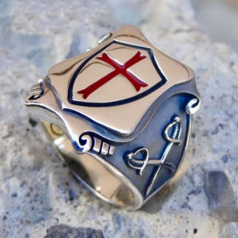 Bague Templier avec blason croix templier rouge et armurie  en acier inoxydable