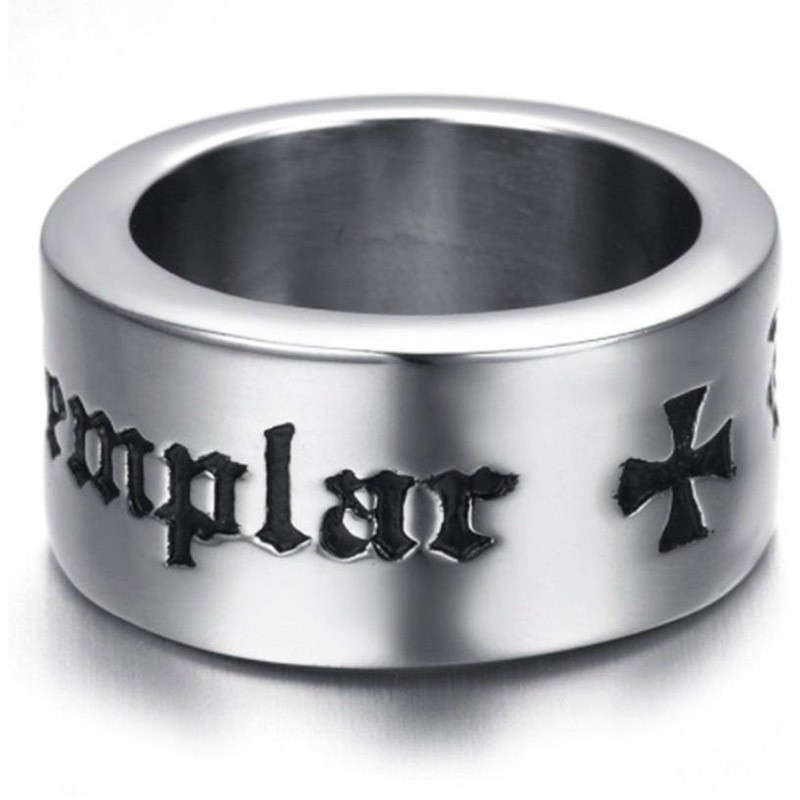 Bague anneau des Templiers en alliage d'acier avec croix templier et inscription Templar vue face