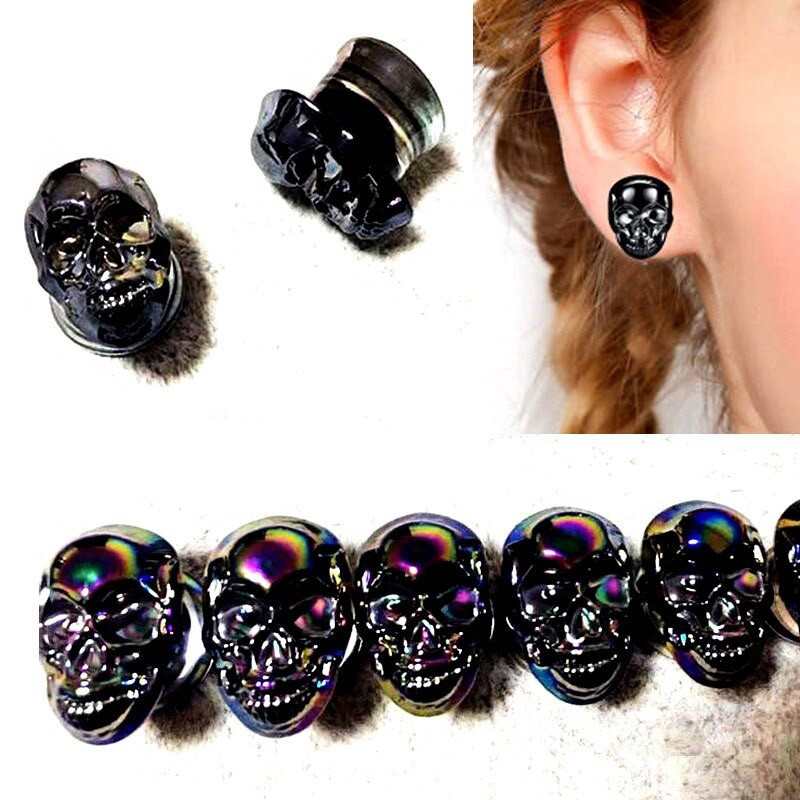Bouchons extensseurs d'oreilles tête de mort en verre multicolore
