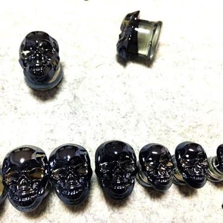 Bouchons extensseurs d'oreilles tête de mort en verre multicolore - modele noir