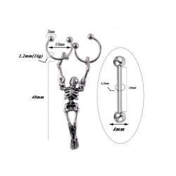 Piercing tête de mort squelette crucifié, en acier inoxydable avec anneaux