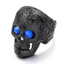 détails Bague Tete de Mort Noir aux yeux bleus