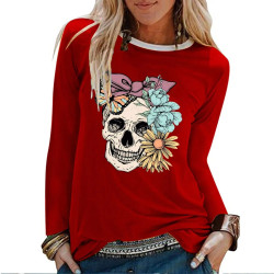 T-shirt tête de mort Noeud et Fleur à manches longues - modèle rouge
