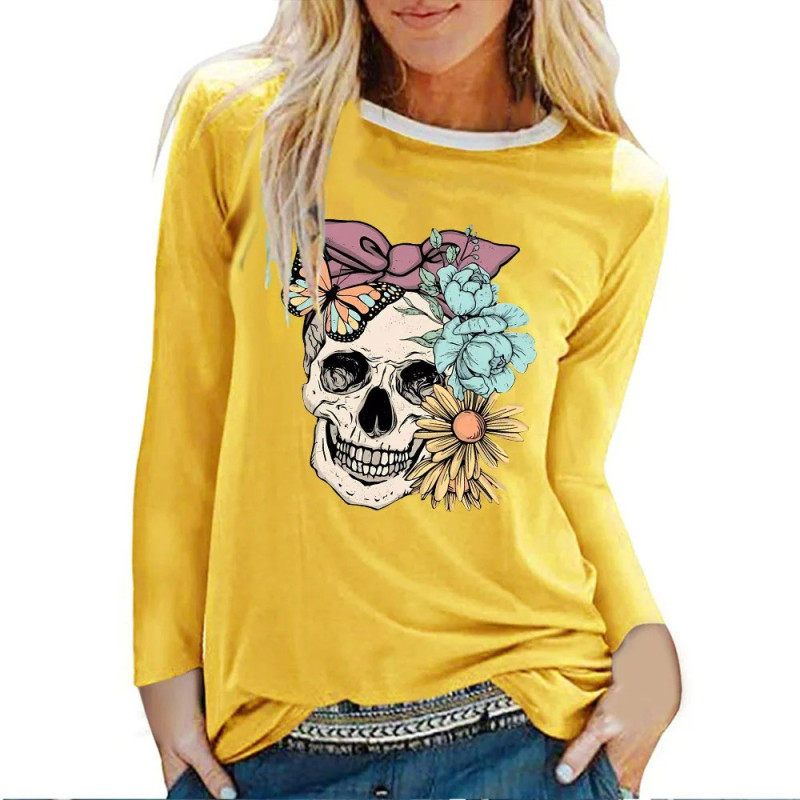 T-shirt tête de mort Noeud et Fleur à manches longues  - modèle jaune