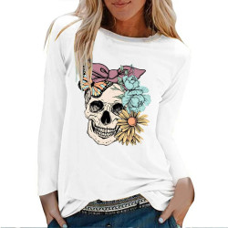 T-shirt tête de mort Noeud et Fleur à manches longues - modèle blanc