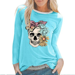 T-shirt tête de mort Noeud et Fleur à manches longues - modèle bleu