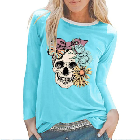 T-shirt tête de mort Noeud et Fleur à manches longues - modèle bleu
