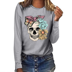 T-shirt tête de mort Noeud et Fleur à manches longues - modèle gris