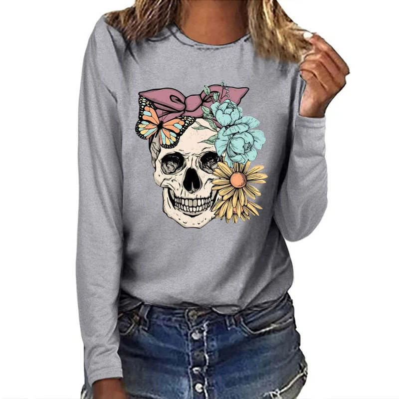 T-shirt tête de mort Noeud et Fleur à manches longues - modèle gris