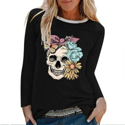 T-shirt tête de mort Noeud et Fleur à manches longues