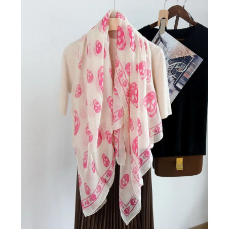 Châle motifs crânes 100% véritable mousseline de soie - rose