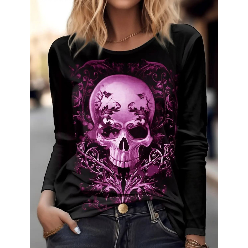 T Shirt Tête de Mort Manches Longues - couleur rose