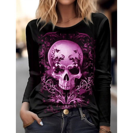 T Shirt Tête de Mort Manches Longues - couleur rose