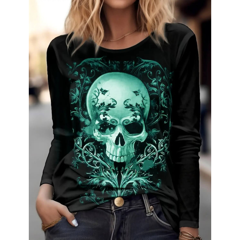 T Shirt Tête de Mort Manches Longues - couleur vert
