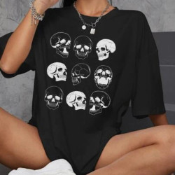 T-shirt Tête de Mort Gothique à manches courtes pour femme Noir