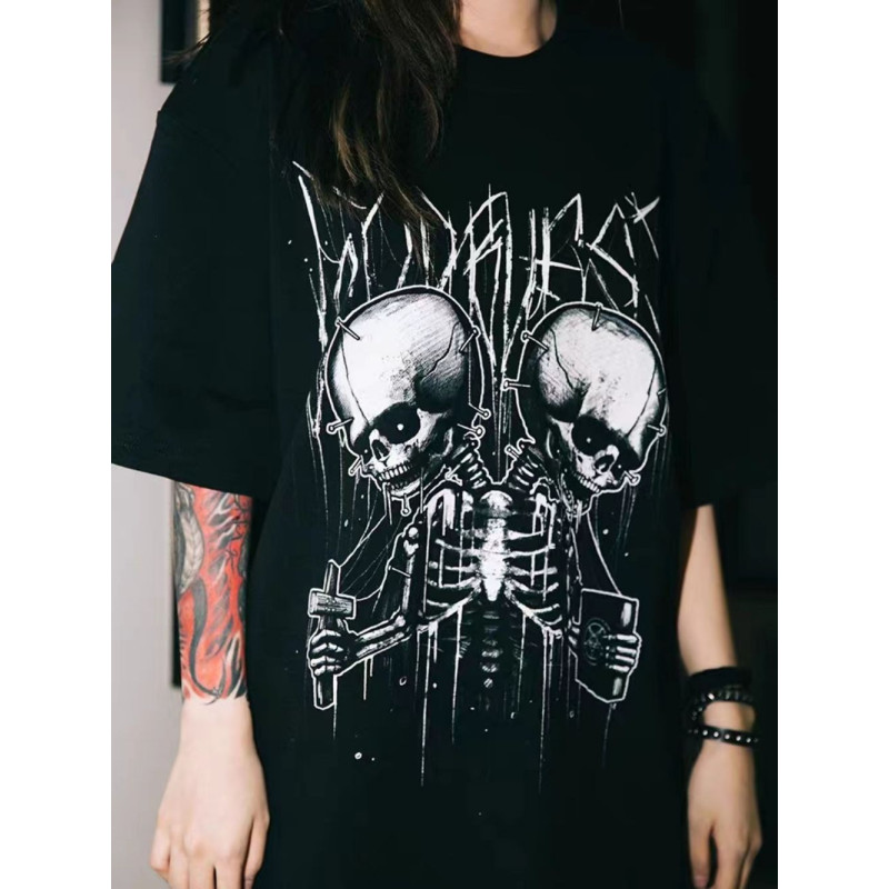 Détails Tee Shirt Tête de Mort Double Skull Gothique