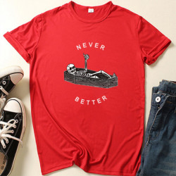 T-shirt Squelette dans Cercueil inscription "Never Better" pour Femme Couleur Rouge