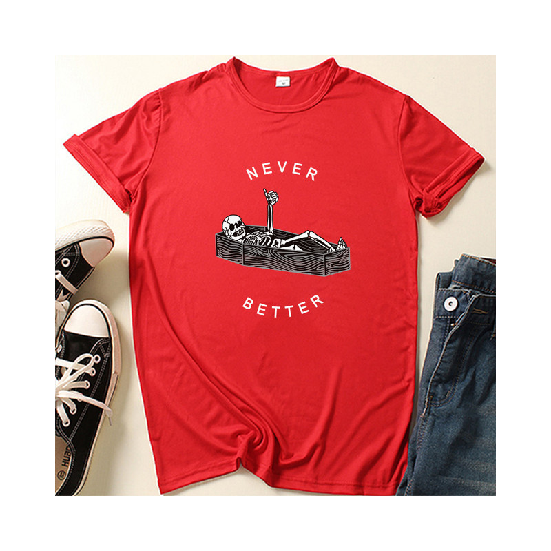 T-shirt Squelette dans Cercueil inscription "Never Better" pour Femme Couleur Rouge
