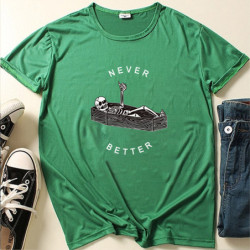 T-shirt Squelette dans Cercueil inscription "Never Better" pour Femme Couleur Vert