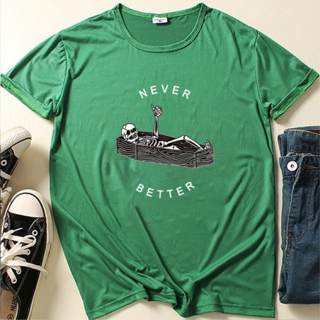 T-shirt Squelette dans Cercueil inscription "Never Better" pour Femme Couleur Vert