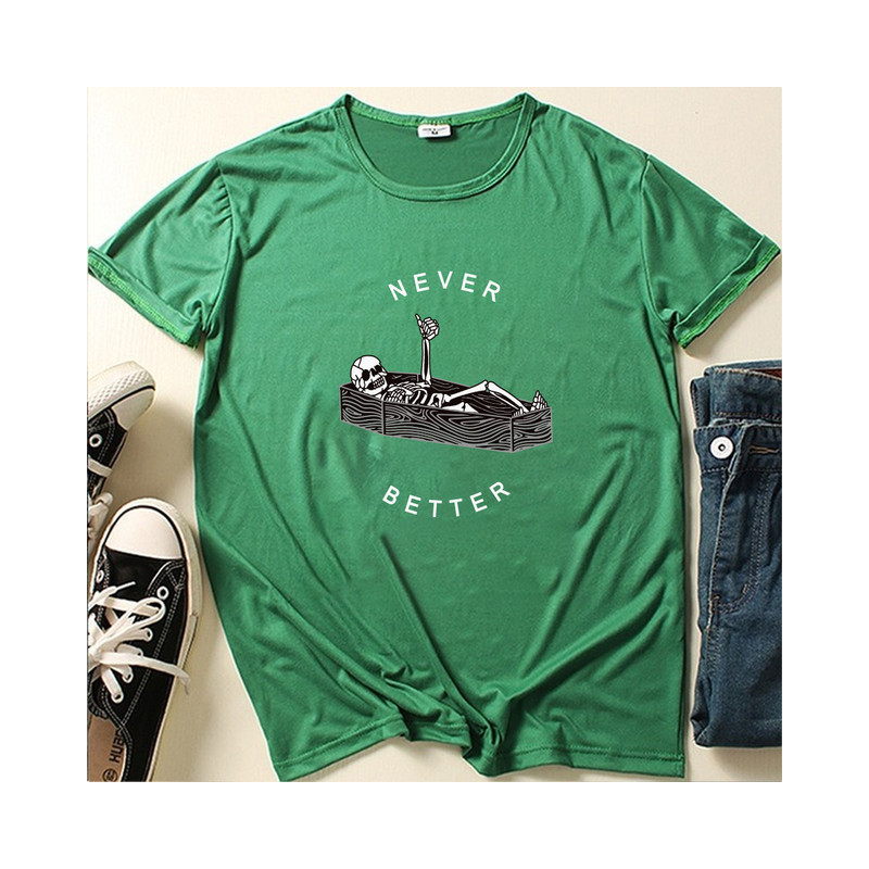 T-shirt Squelette dans Cercueil inscription "Never Better" pour Femme Couleur Vert