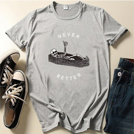 T-shirt Squelette dans Cercueil inscription "Never Better" pour Femme Couleur Gris