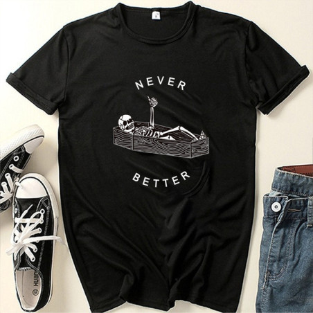 T-shirt Squelette dans Cercueil inscription "Never Better" pour Femme Couleur Noir