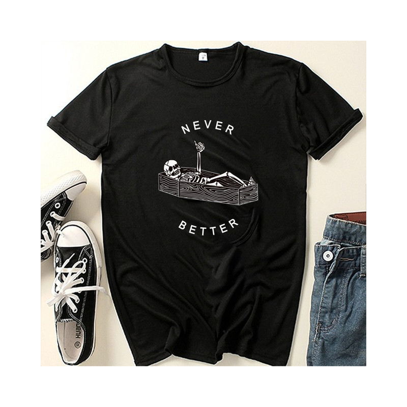 T-shirt Squelette dans Cercueil inscription "Never Better" pour Femme Couleur Noir