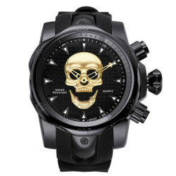 Montre Tête de Mort Crâne Homme Couleur Noir et Doré