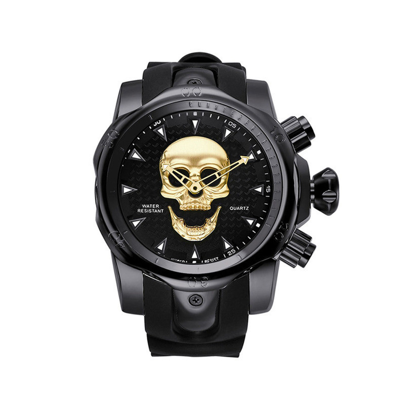 Montre Tête de Mort Crâne Homme Couleur Noir et Doré