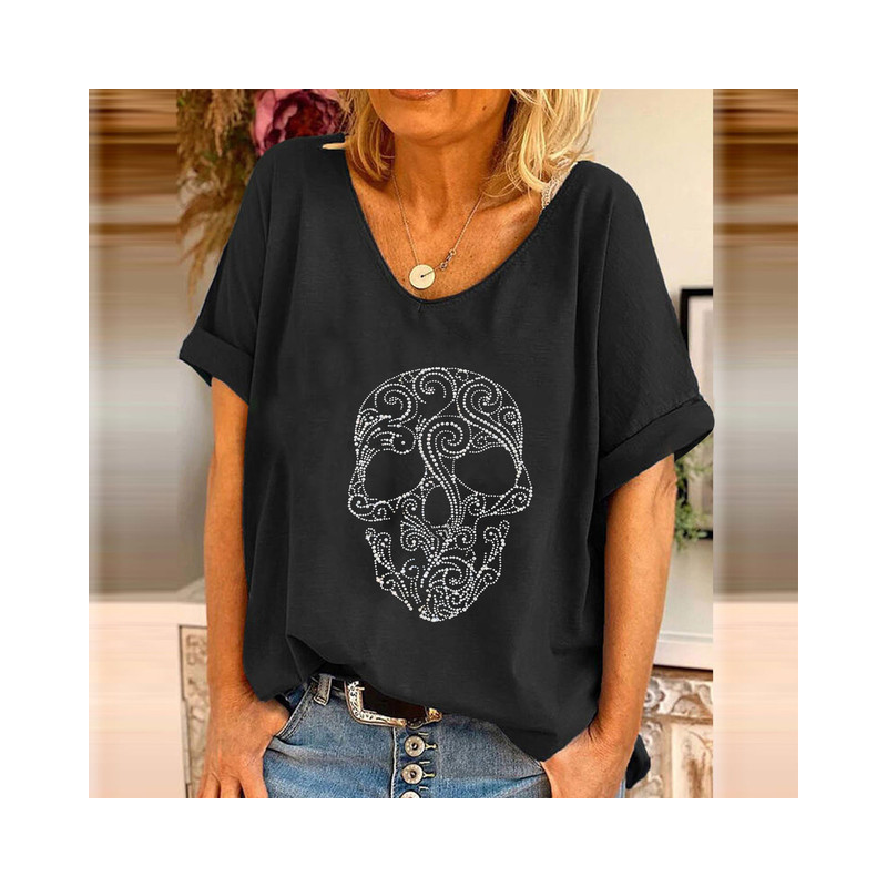 T-shirt à manches courtes col V pour femme imprimé tête de mort Mexicaine en strass noir